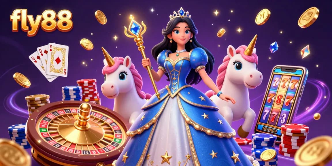Experience the excitement of fly88 with a beautiful illustration capturing casino games and magical elements.