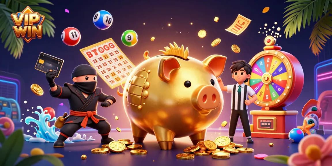 VIPWIN features an exciting scene with a golden piggy bank sumo wrestler surrounded by vibrant lottery elements.