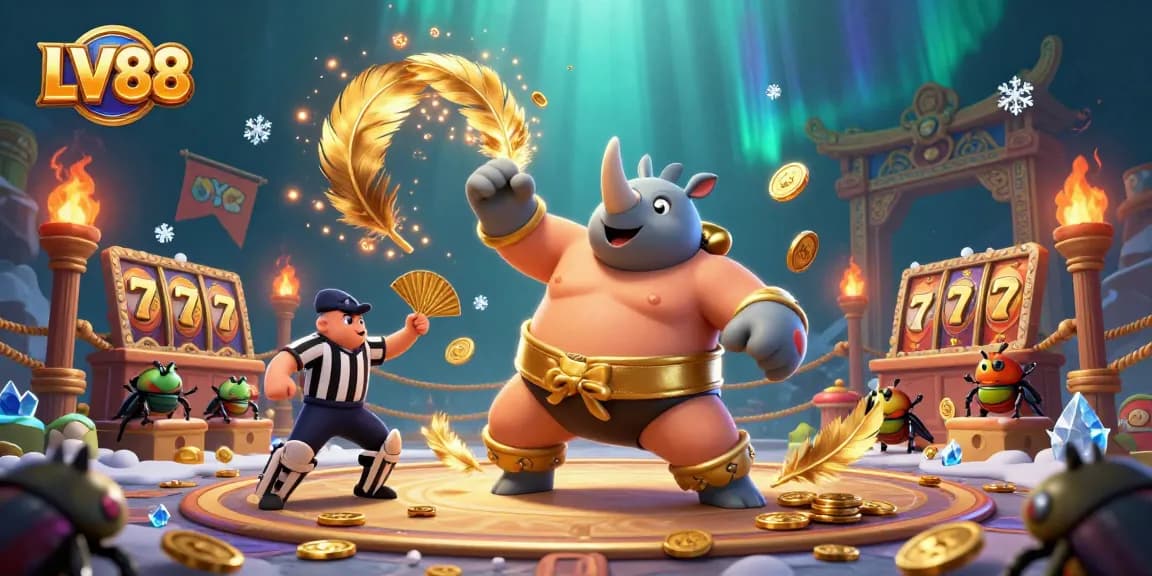 Experience thrilling action at LV88 casino with a sumo champion beetle amidst slot reels and gold coins.