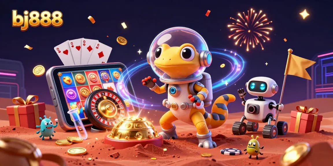 Experience the thrill of playing bj888 with a Martian gecko discovering a golden casino.