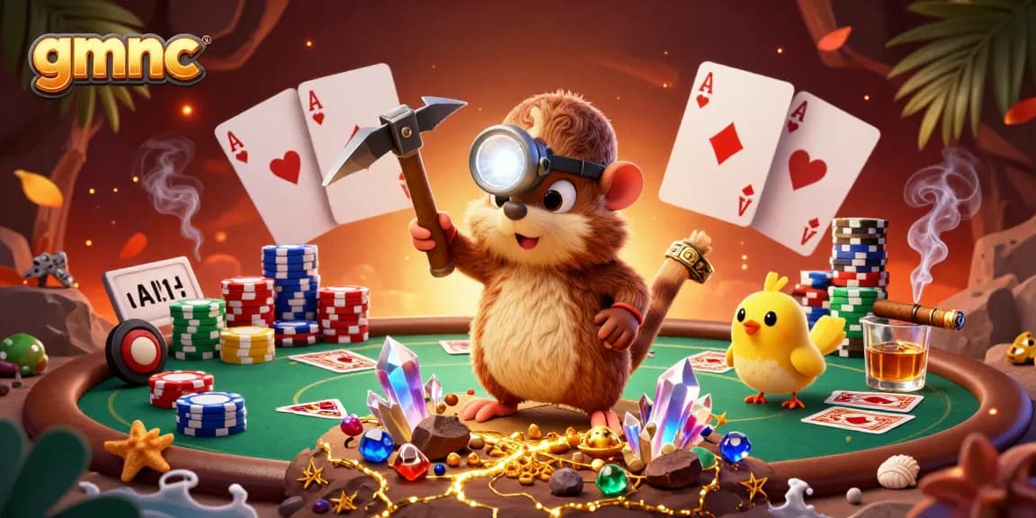 Watch as the gmnc treasure hunter mole uncovers riches from poker tables and glowing gems in an exciting scene.