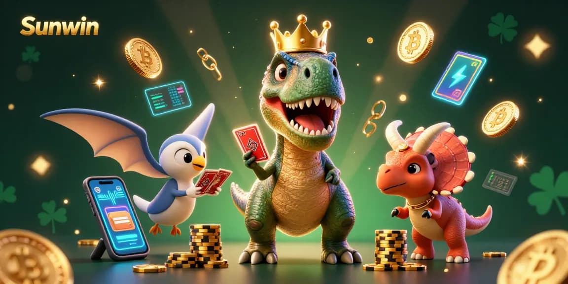 Engage with Sunwin’s thrilling casino adventure through a vibrant scene featuring playful characters and vivid gaming elements.