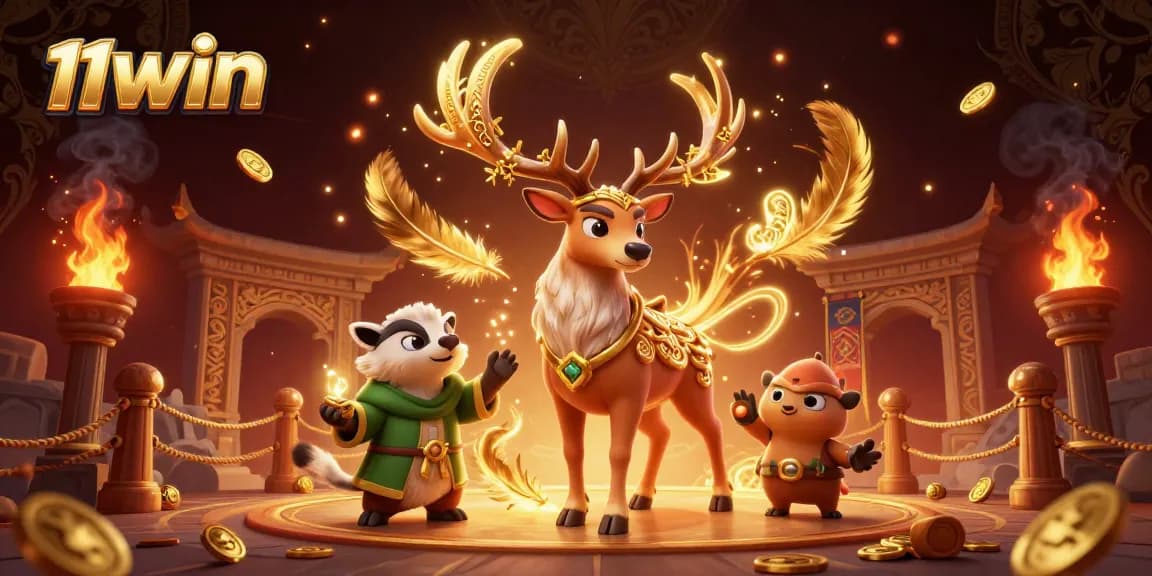Experience thrilling gaming action with 11WIN's dynamic casino scene featuring vibrant characters.
