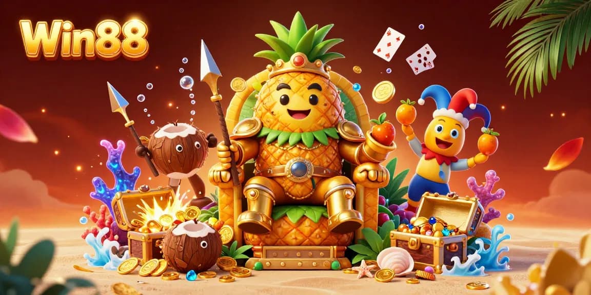Experience the vibrant beach casino with Win88, featuring the golden pineapple king and treasure-filled surroundings.