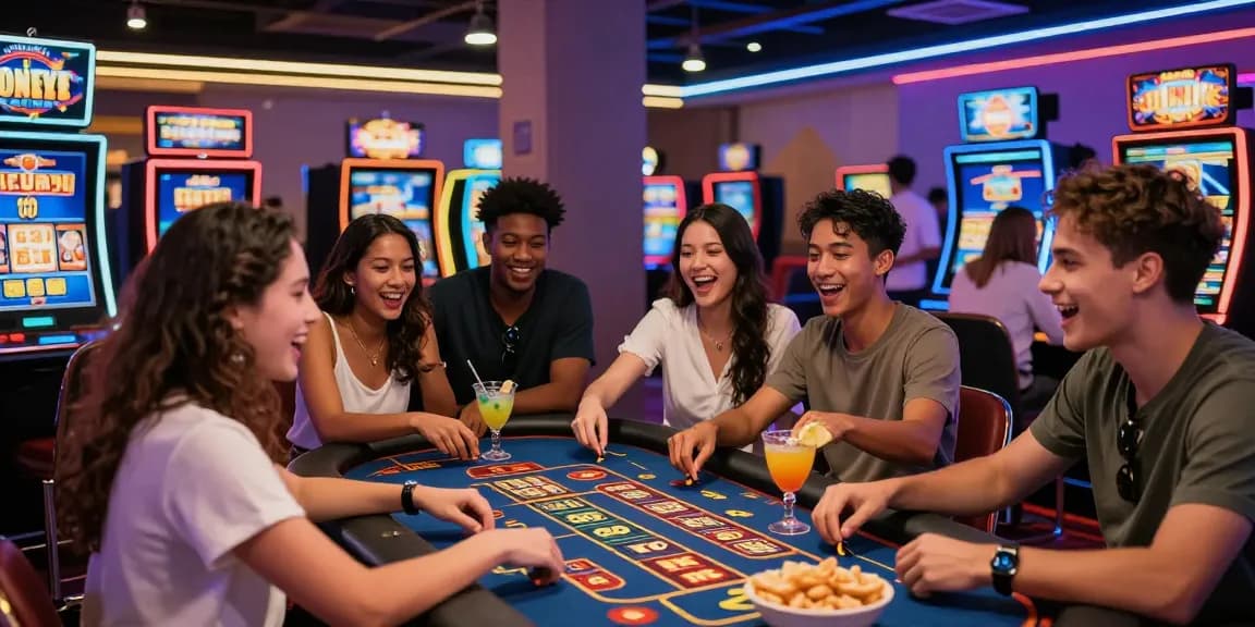 Friends enjoying a thrilling moment at an online casino, showcasing the excitement of 123 b games.