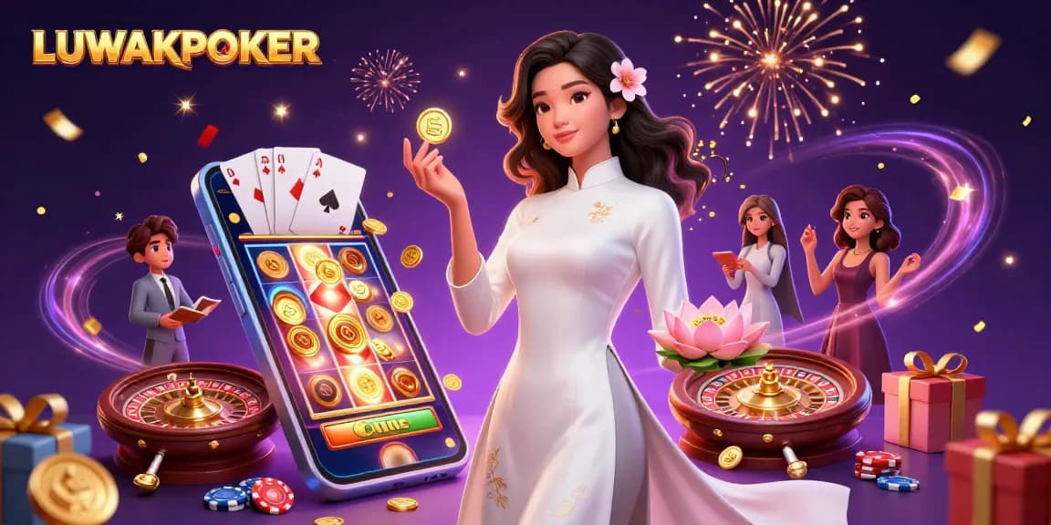 Engage in thrilling poker adventures with LUWAKPOKER, amidst vibrant casino elements.