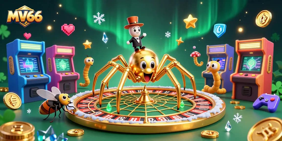 Experience the thrill of wagering at MV66 with a golden spider illustration blending casino elements and dynamic gaming features.