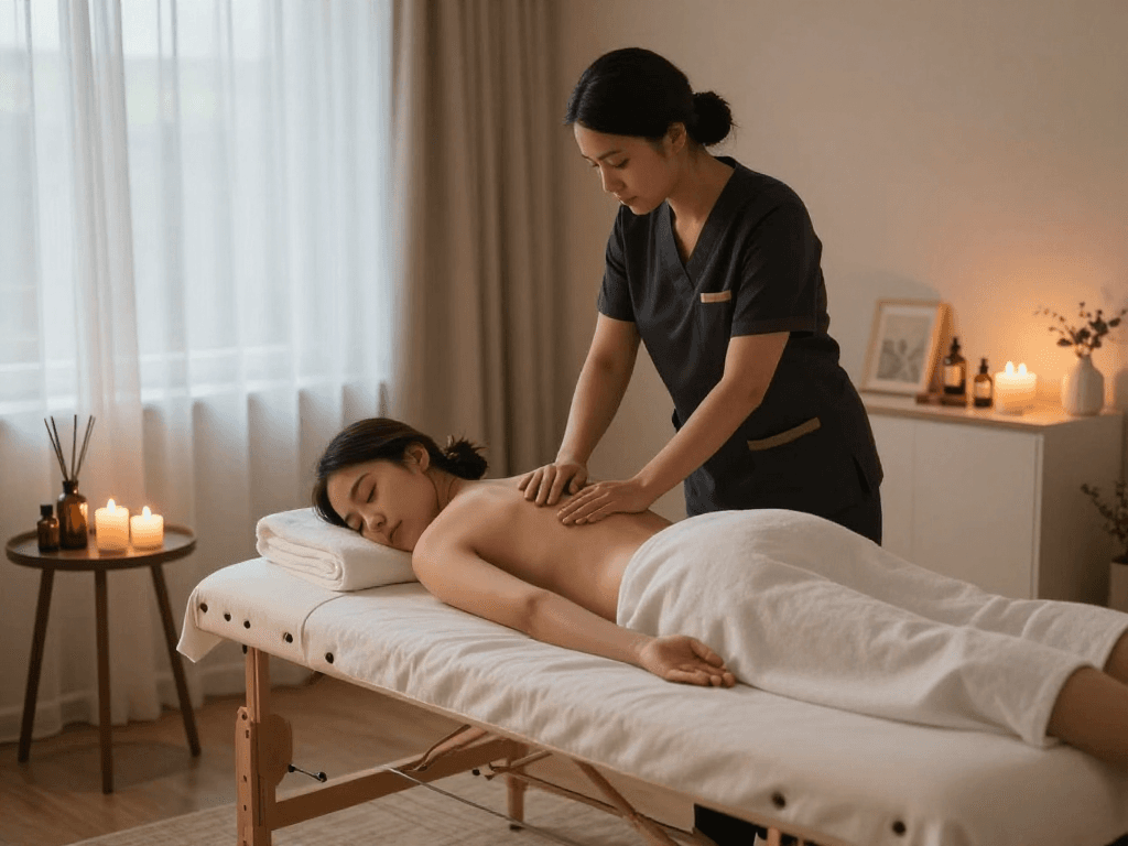 Relaxation during 출장안마 with a professional therapist in a serene home setting.