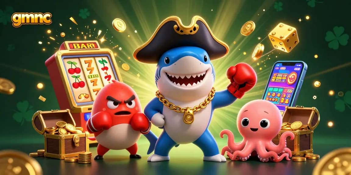 Experience the thrilling excitement of gmnc with a pirate shark, pufferfish, and octopus amidst dynamic casino elements!