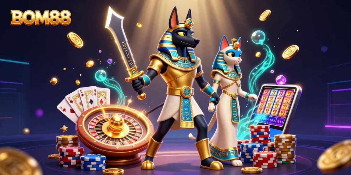BOM88 showcases an energetic scene of ancient Egyptian characters in a vibrant casino environment, featuring gold coins and playing cards.