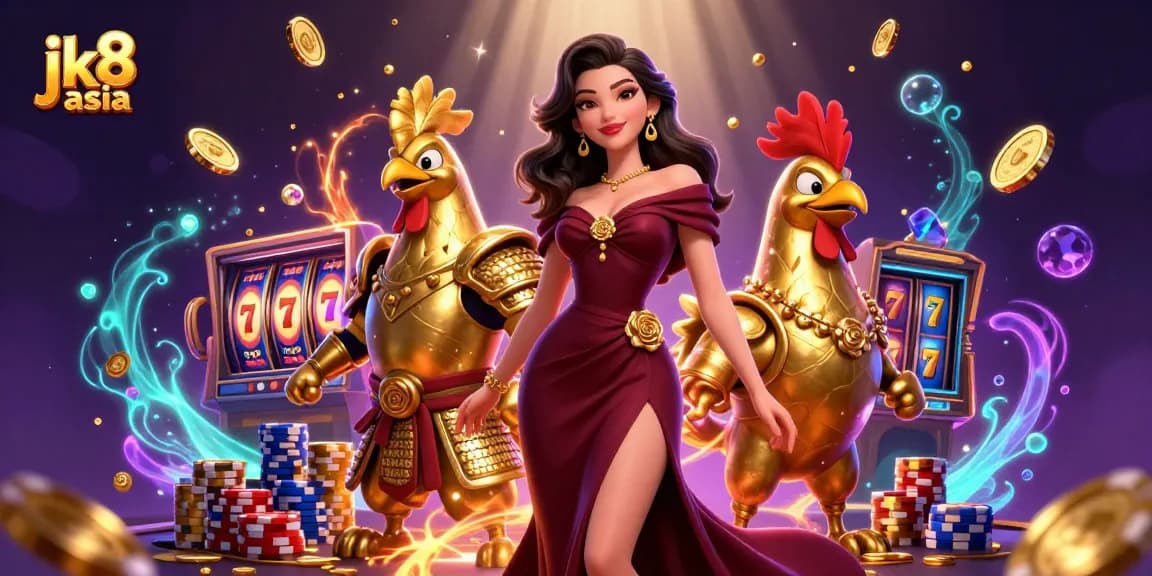 Spin the reels and win big at jk8 asia with this dynamic casino-themed illustration.