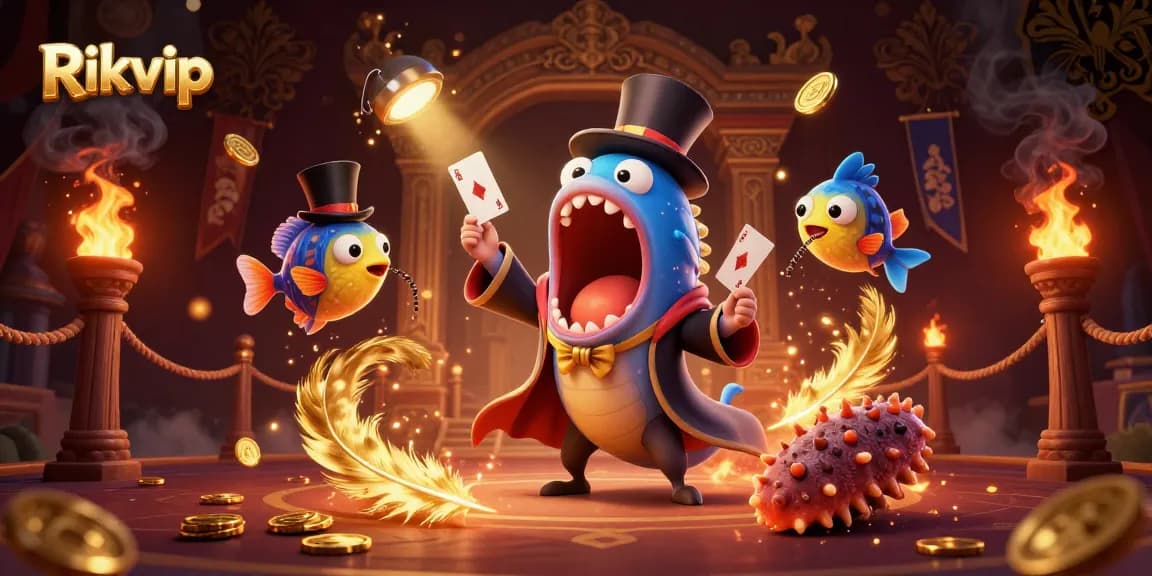 Experience thrilling card tricks at Rikvip with bioluminescent sea creatures in a vibrant casino scene.