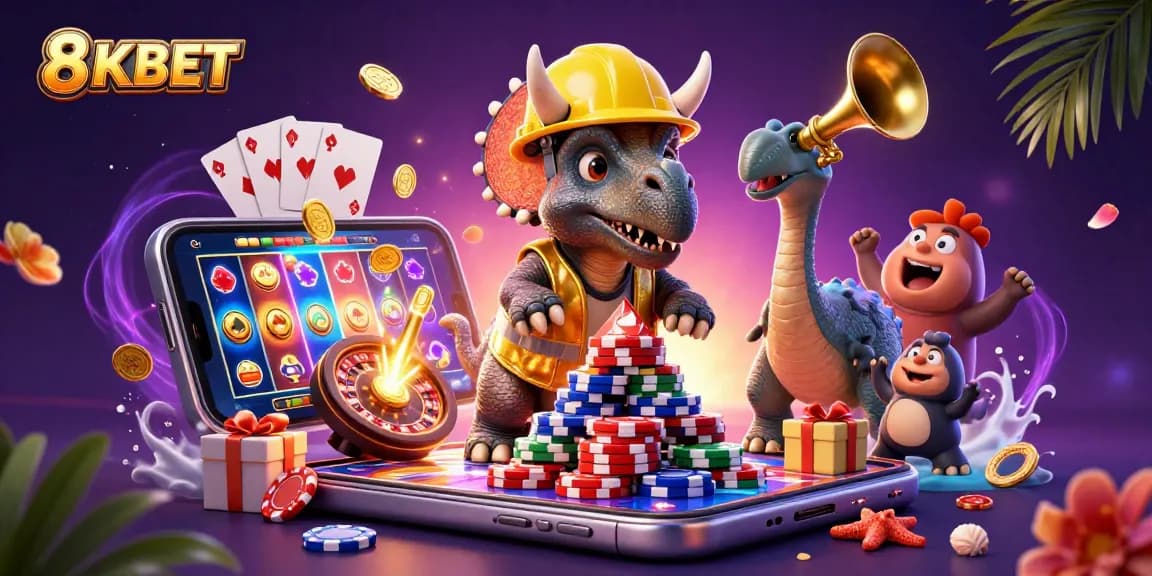 Experience vibrant gameplay at 8KBET with a celebratory 3D illustration of casino fun and excitement.