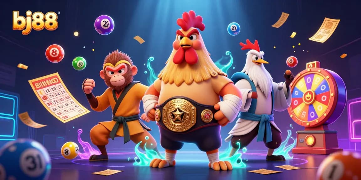 Bettors enjoy thrilling games at bj88 with a dynamic scene showcasing vibrant lottery elements and animated characters.