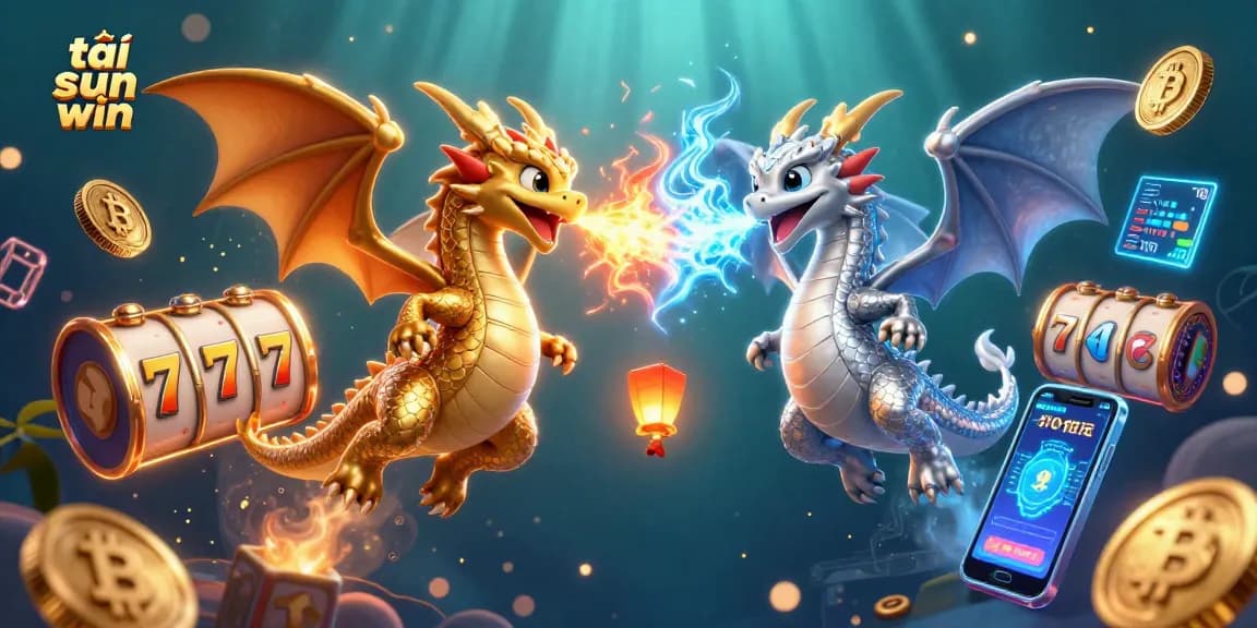 Play exciting slots with tải sun win amidst golden dragons, crypto coins, and neon graphics.
