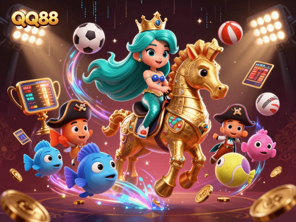 Join the thrilling adventures of QQ88 with a vibrant 3D scene featuring a mermaid princess and sports elements.