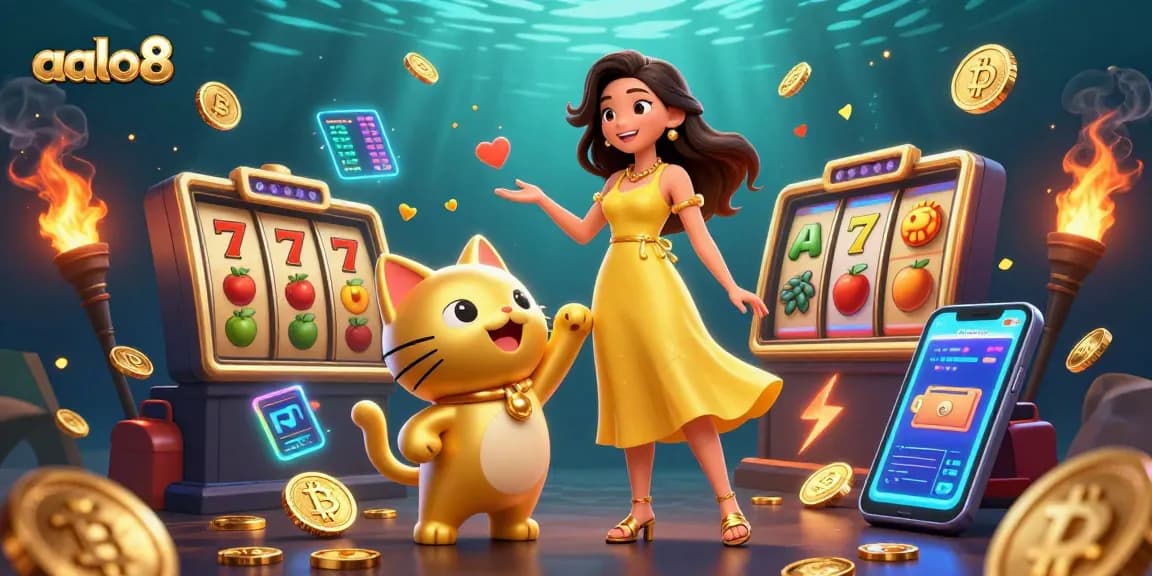 Spin the reels at aalo8 with a joyful Asian woman and a lucky cat, enjoying casino magic.