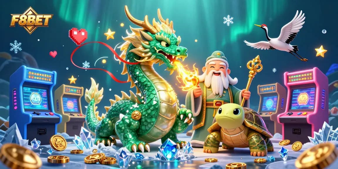 Experience thrilling gaming with F8BET featuring a jade dragon, sage, and lucky cranes in a vibrant casino scene.