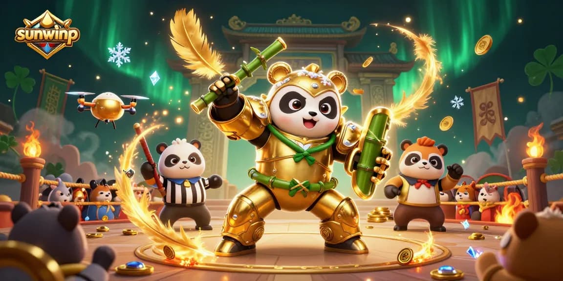 Experience the thrilling action of sunwinp's vibrant casino scene with a mech-suit panda and bamboo robot.