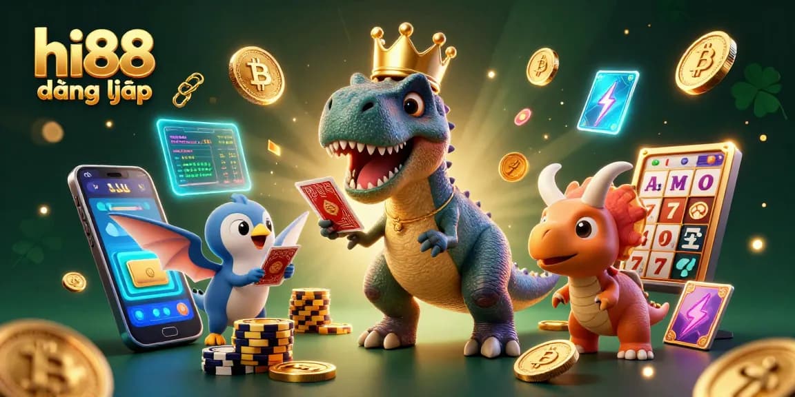 Experience the thrilling hi88 đăng nhập scene with friendly dinosaurs engaging in casino card games.