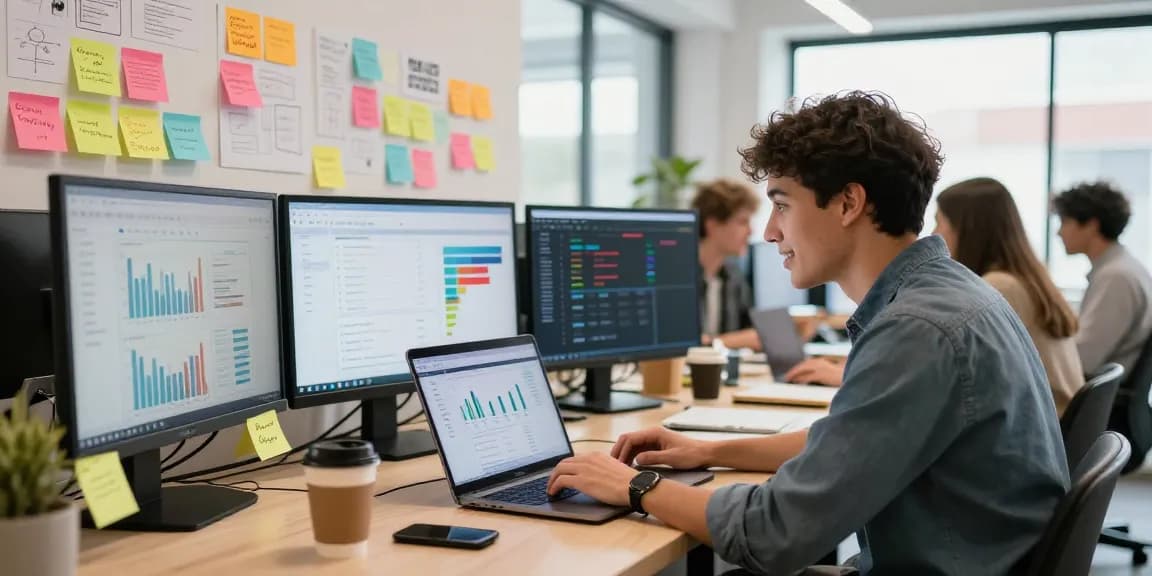 Tim muda bekerja di laptop dengan analisis GEGESLOT di ruang co-working yang energik.