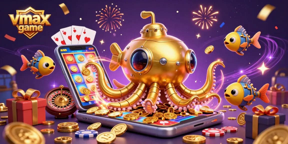 Engage with vmax game through a vibrant illustration featuring a kraken submarine and dynamic casino elements.