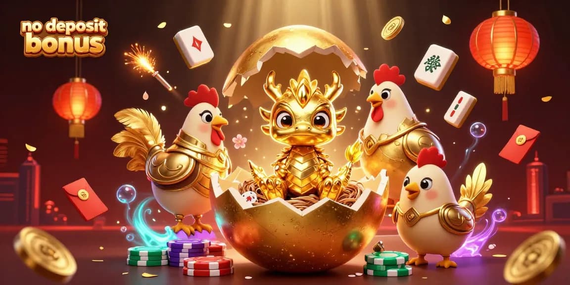 Experience no deposit bonus casinos with a captivating 3D scene of golden dragons and poker chips.