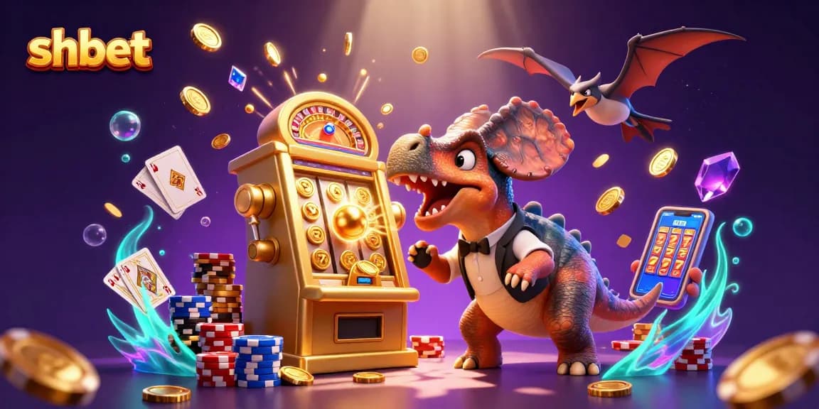 SHBET's pachycephalosaurus celebrates a jackpot win with coins, capturing the excitement of online gaming.
