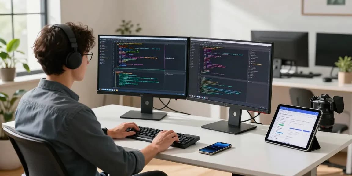 WhatsApp下載 app installation in a tech workspace featuring a developer coding on dual monitors.