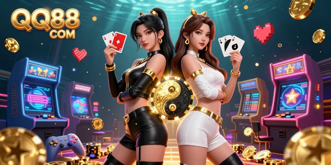 Experience thrilling moments at QQ88 COM with stunning Asian women holding playing cards, dynamic casino elements, and vibrant 3D visuals.