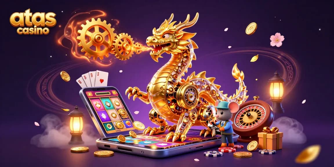 Play engaging games at atas casino with a golden mechanical dragon and exciting slots.