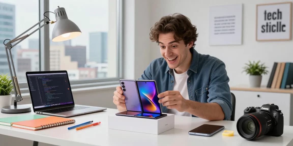 Unboxing the Samsung Galaxy Z TriFold smartphone in a modern tech workspace.