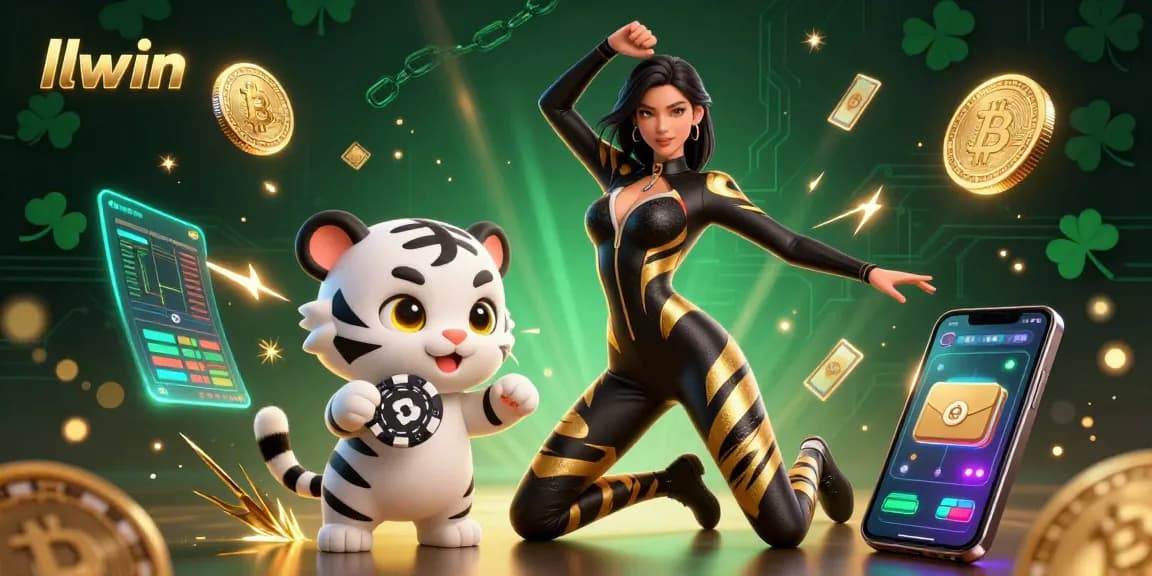 Engage with llwin in a vibrant 3D casino scene featuring a stunning acrobat and playful tiger amidst crypto coins.