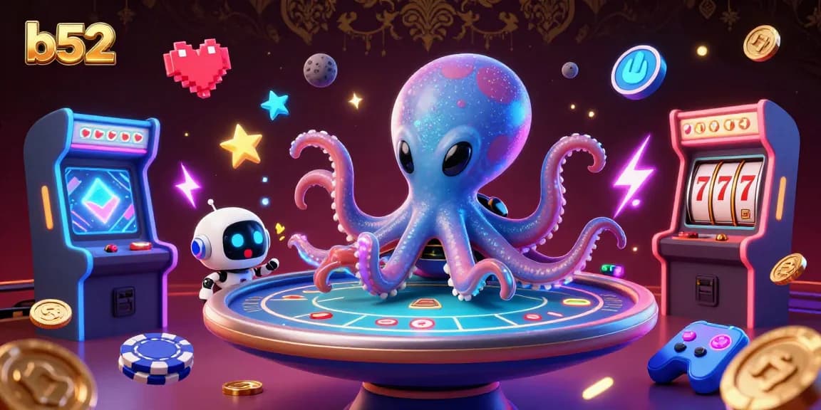 Bets and spins at b52 casino featuring a colorful octopus dealer and dynamic gaming elements.