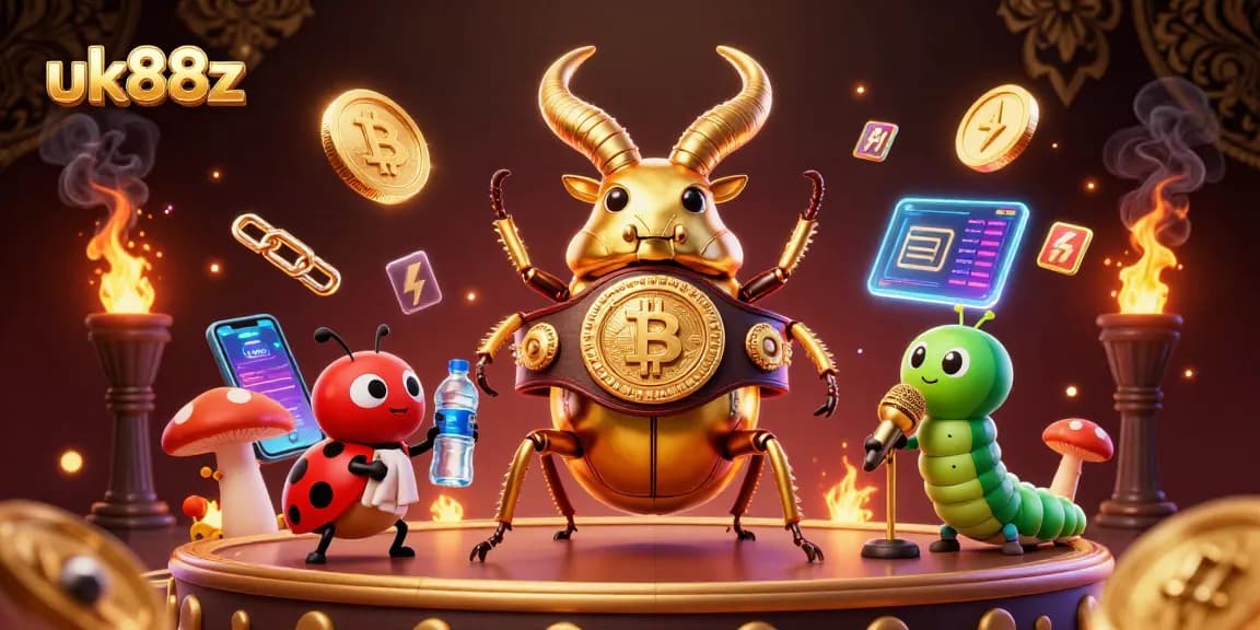 uk88z showcases an exciting boxing match between a giant golden stag beetle and a ladybug, symbolizing dynamic gambling.
