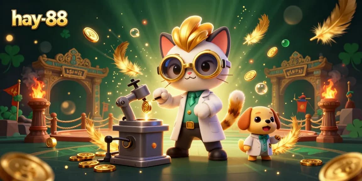 Engage in thrilling gaming at hay-88 with a cartoon scene featuring a scientist cat and dog in a vibrant casino.