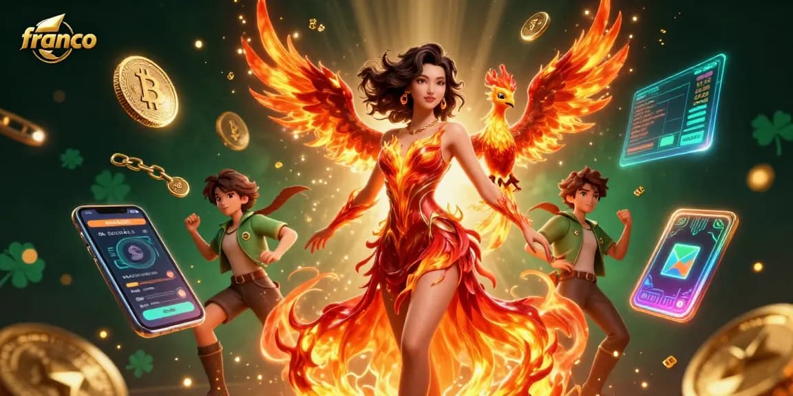 Play exciting casino games with Franco, featuring a stunning fire-themed scene and cryptocurrency elements.