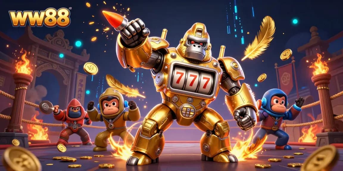 ww88's golden gorilla mech punches upward amidst swirling casino elements and vibrant colors.