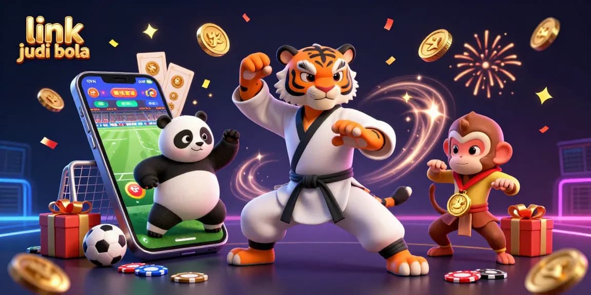 Experience dynamic betting action with link judi bola, showcasing kung fu tiger, panda, and monkey amidst vibrant gambling elements.