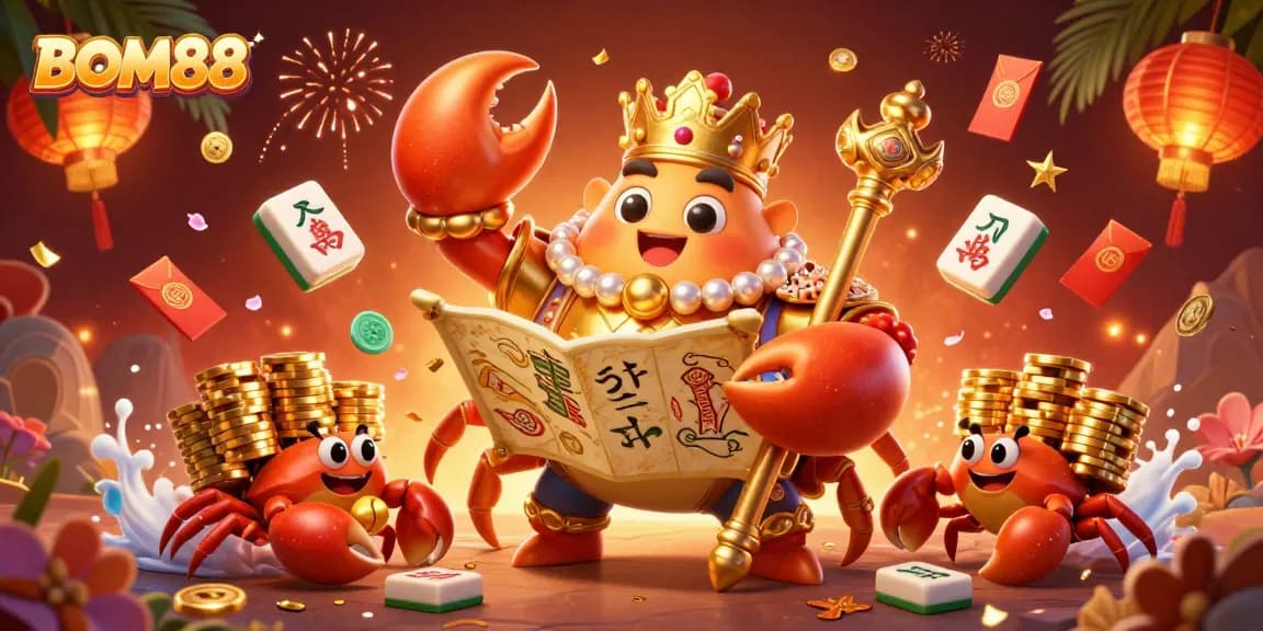 BOM88 captivates players with a lavish crab emperor overseeing a vibrant casino scene.
