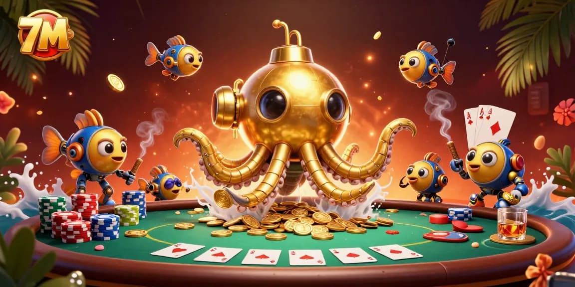 Engage with 7M's vibrant gaming scene featuring a kraken submarine amidst golden coins and poker elements.