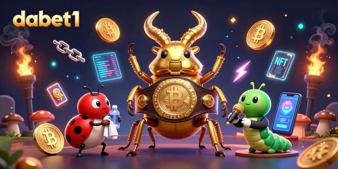 Dabet1 showcases a thrilling 3D cartoon boxing arena with a golden stag beetle and vibrant crypto elements.