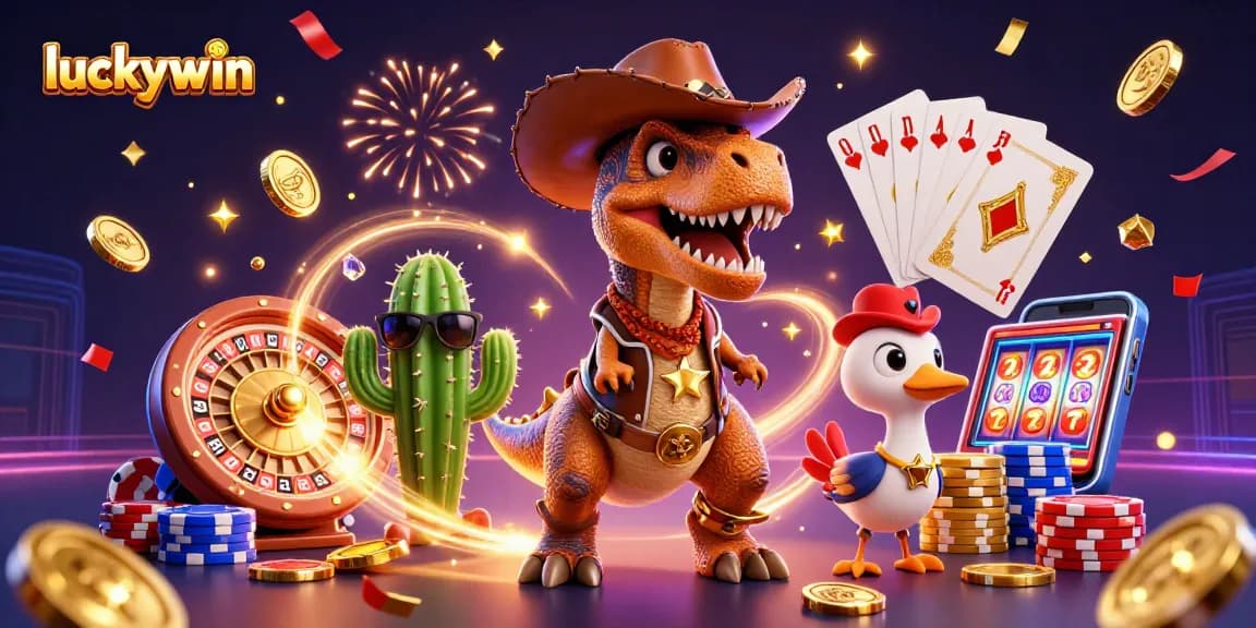 Experience luckywin excitement with a T-Rex cowboy among dynamic casino elements in a vibrant scene.