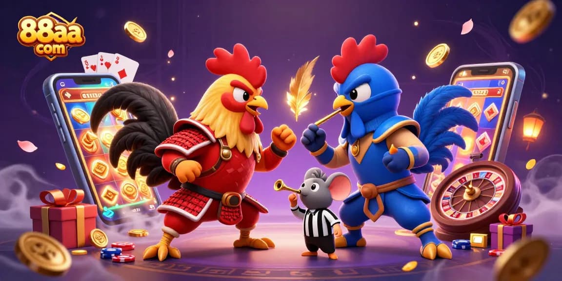 Engage with 88aa com in a thrilling standoff between roosters in a dynamic casino scene.