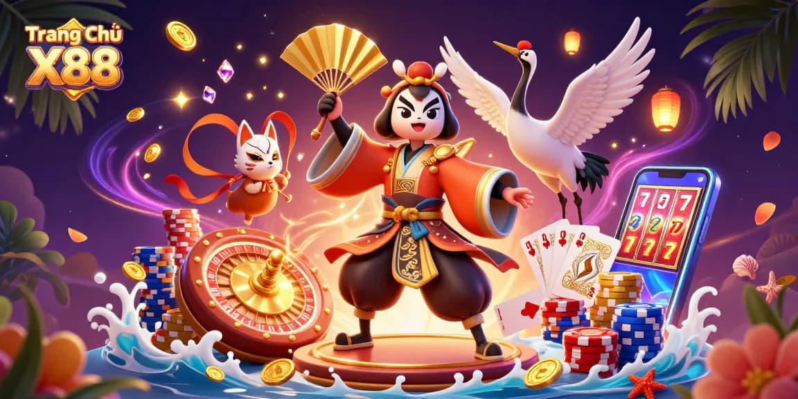 Experience the excitement at Trang Chủ X88 with a vibrant display of casino elements featuring a kabuki warrior.