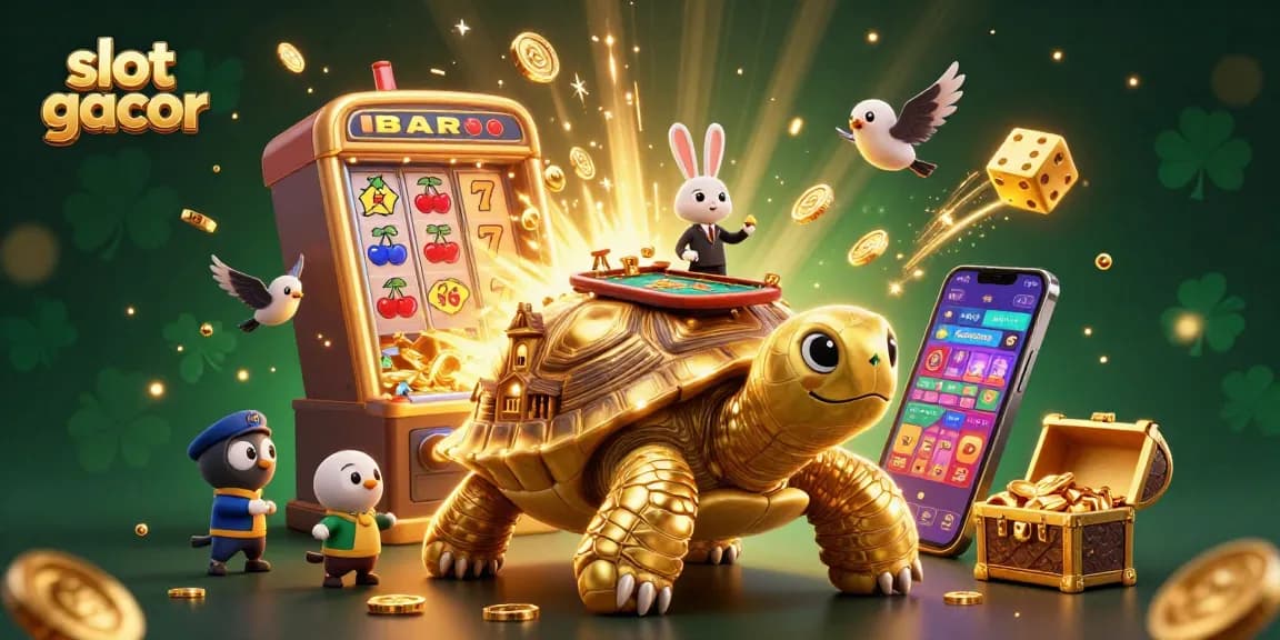 Experience the excitement of slot gacor with a vibrant casino scene featuring golden characters and a jackpot explosion.