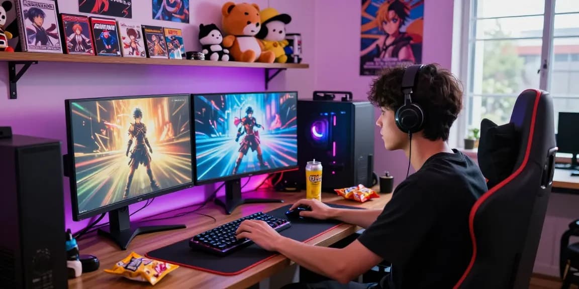 Player enjoying hentaigames in a colorful gaming lounge with immersive decor.