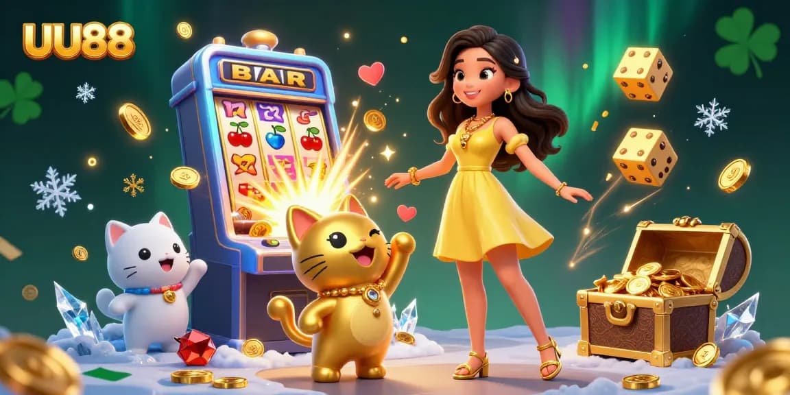 Engage with UU88's vibrant casino scene featuring a cheerful woman and a lucky cat surrounded by dynamic game elements.
