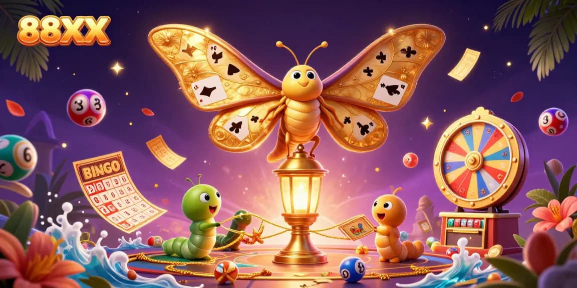 Experience the thrill of winning with 88XX as a golden moth illuminates a vibrant casino world.
