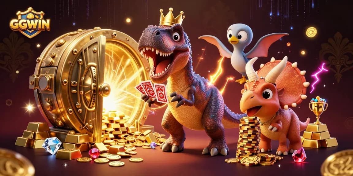 Experience the excitement of GGWIN as cartoon dinosaurs engage in thrilling card games amidst sparkling treasures.